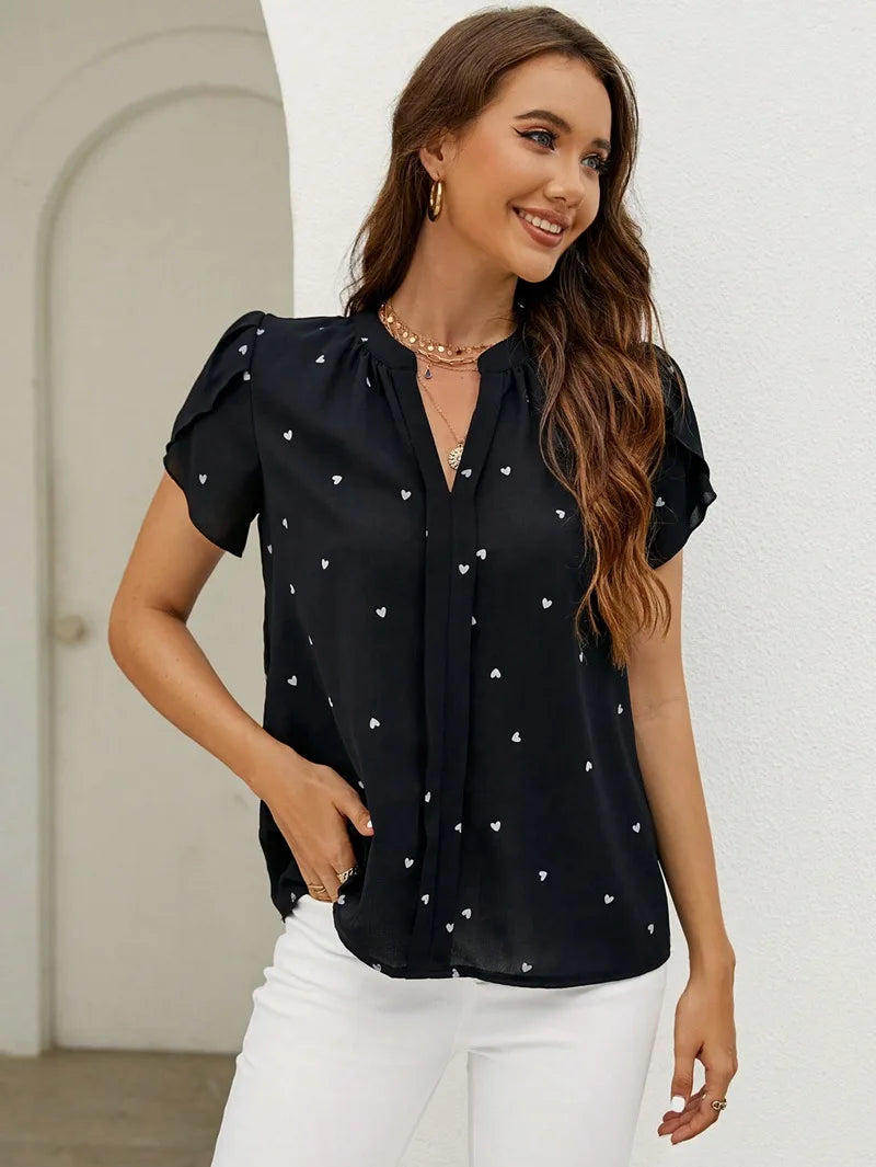 V-neck Love Print Short Sleeve High Quality Tops