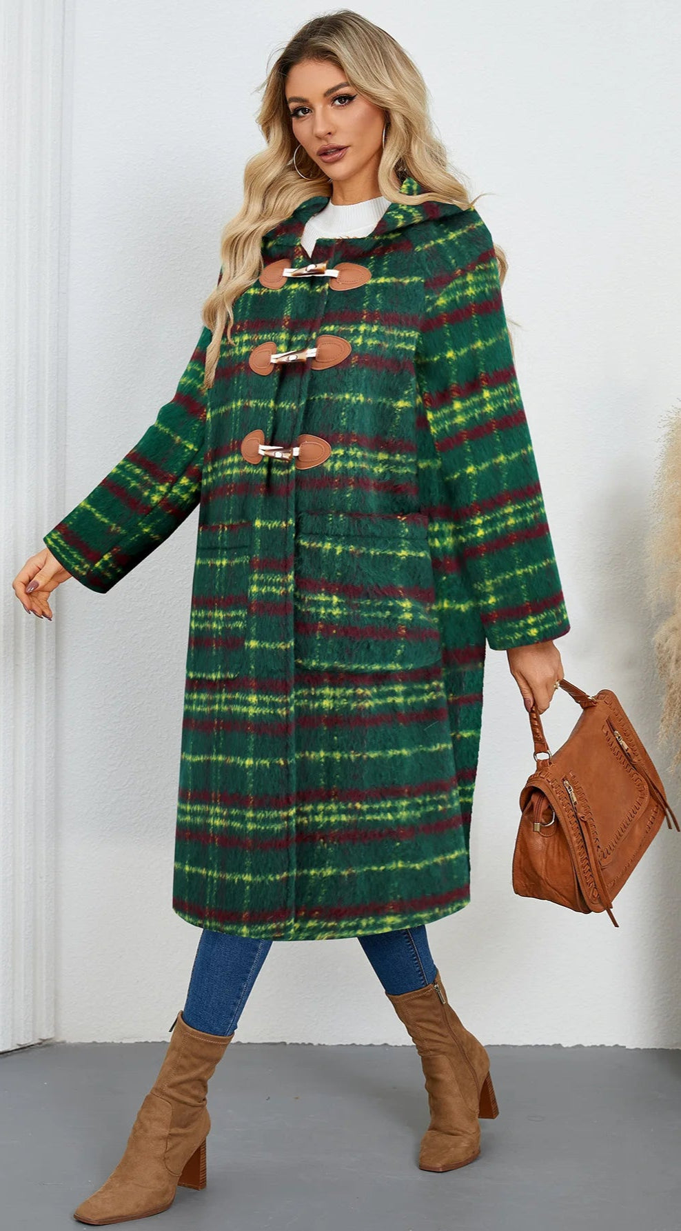 Winter Woolen Coat Plaid Long Coat with Hood