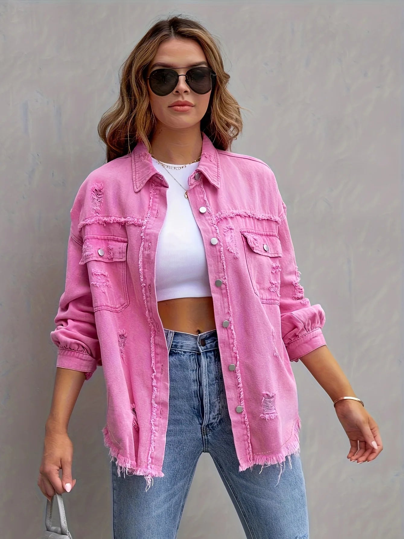 Ripped Denim Shirt Jacket Long Sleeve Solid Color Loose Denim Coat