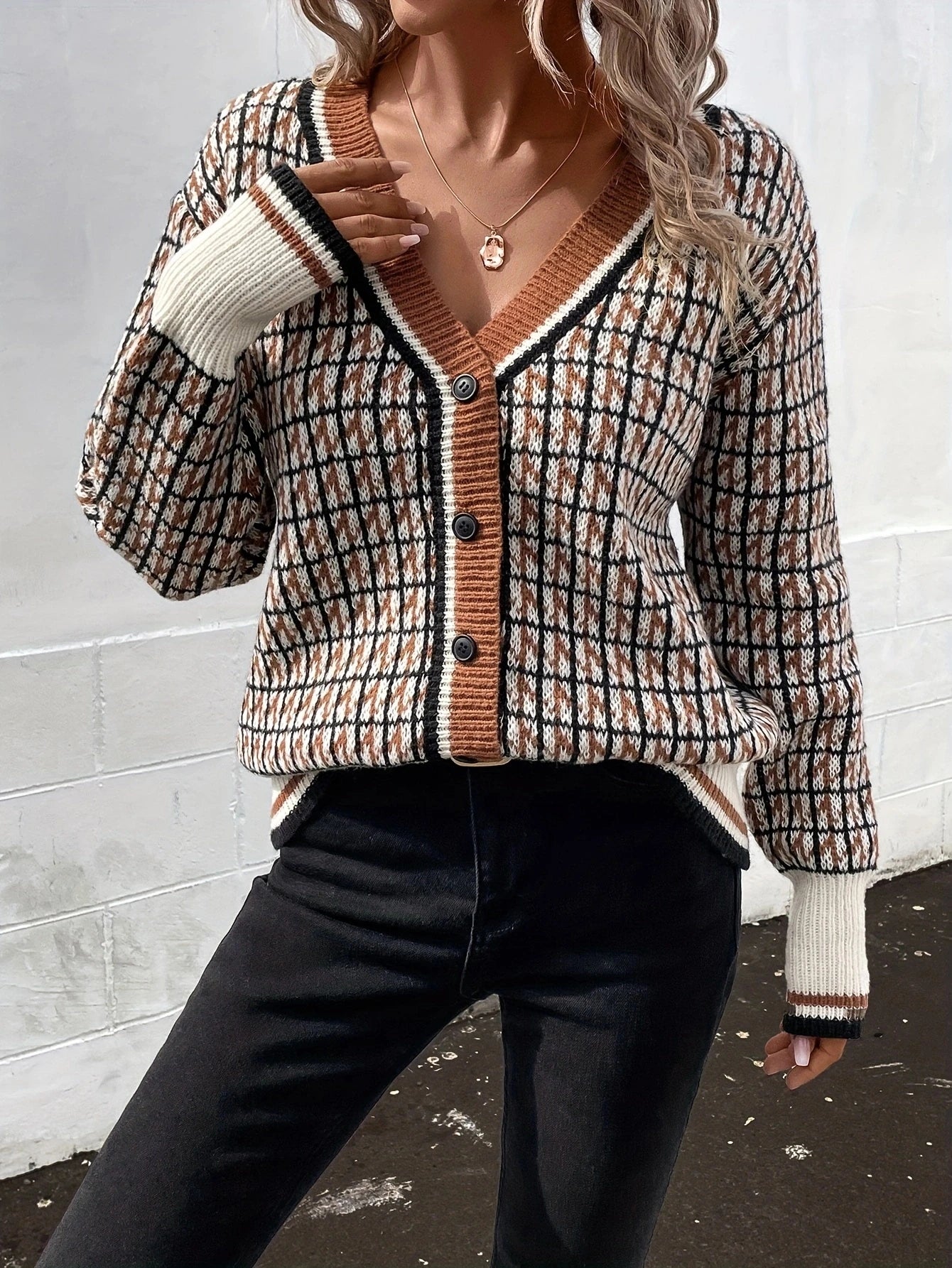 Plaid Knit Cardigan Vintage V-Neck Button