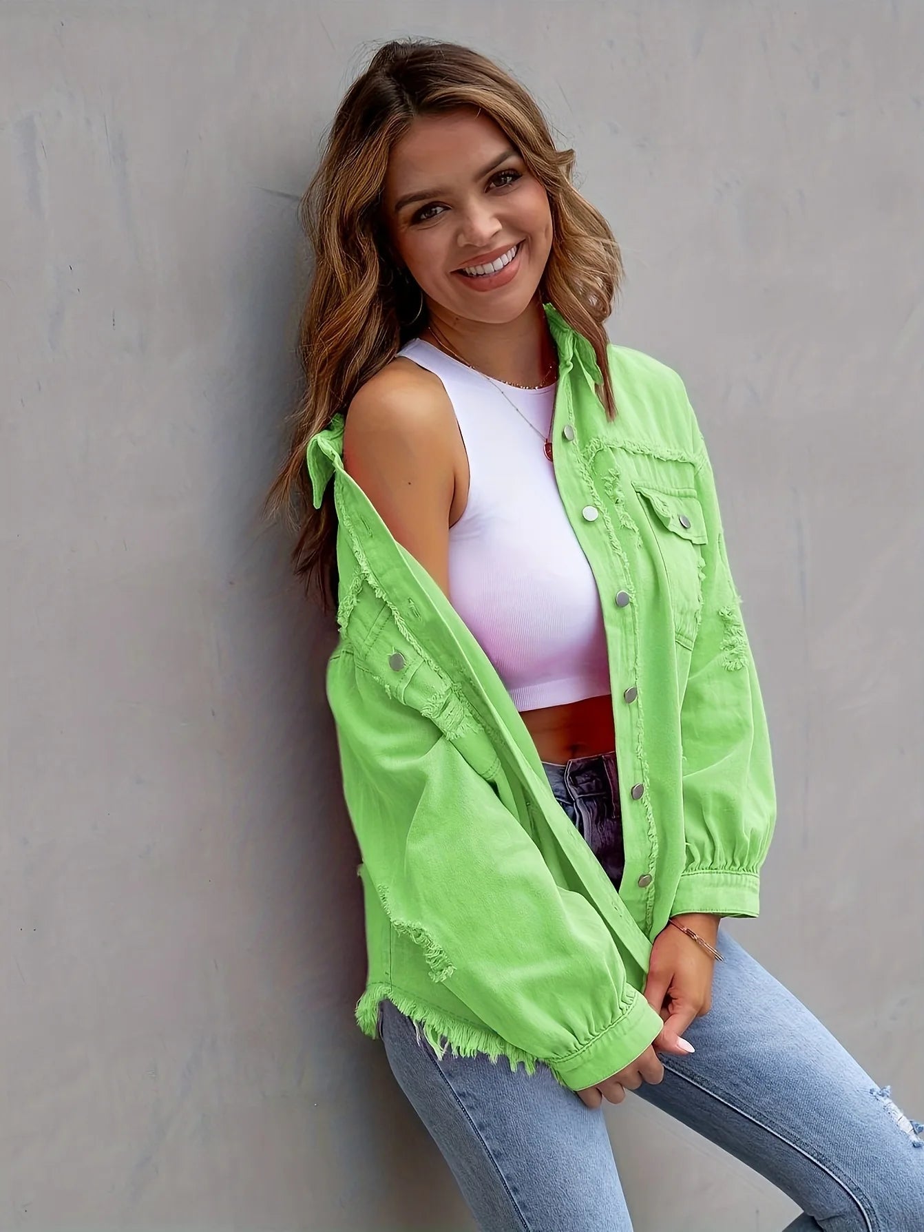 Ripped Denim Shirt Jacket Long Sleeve Solid Color Loose Denim Coat