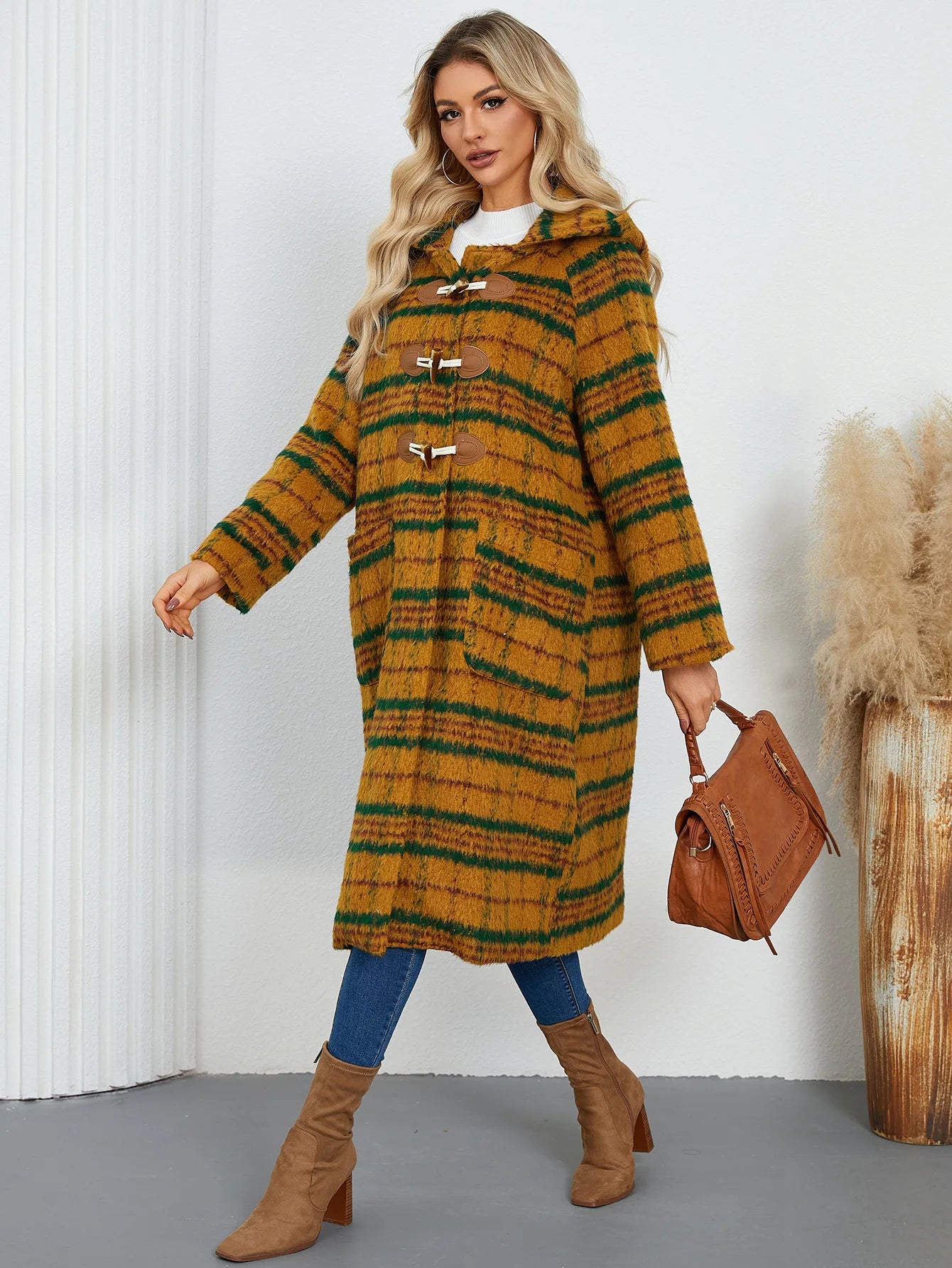Winter Woolen Coat Plaid Long Coat with Hood