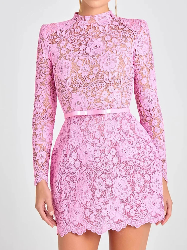 Holiday Round Neck Lace Mini Dress