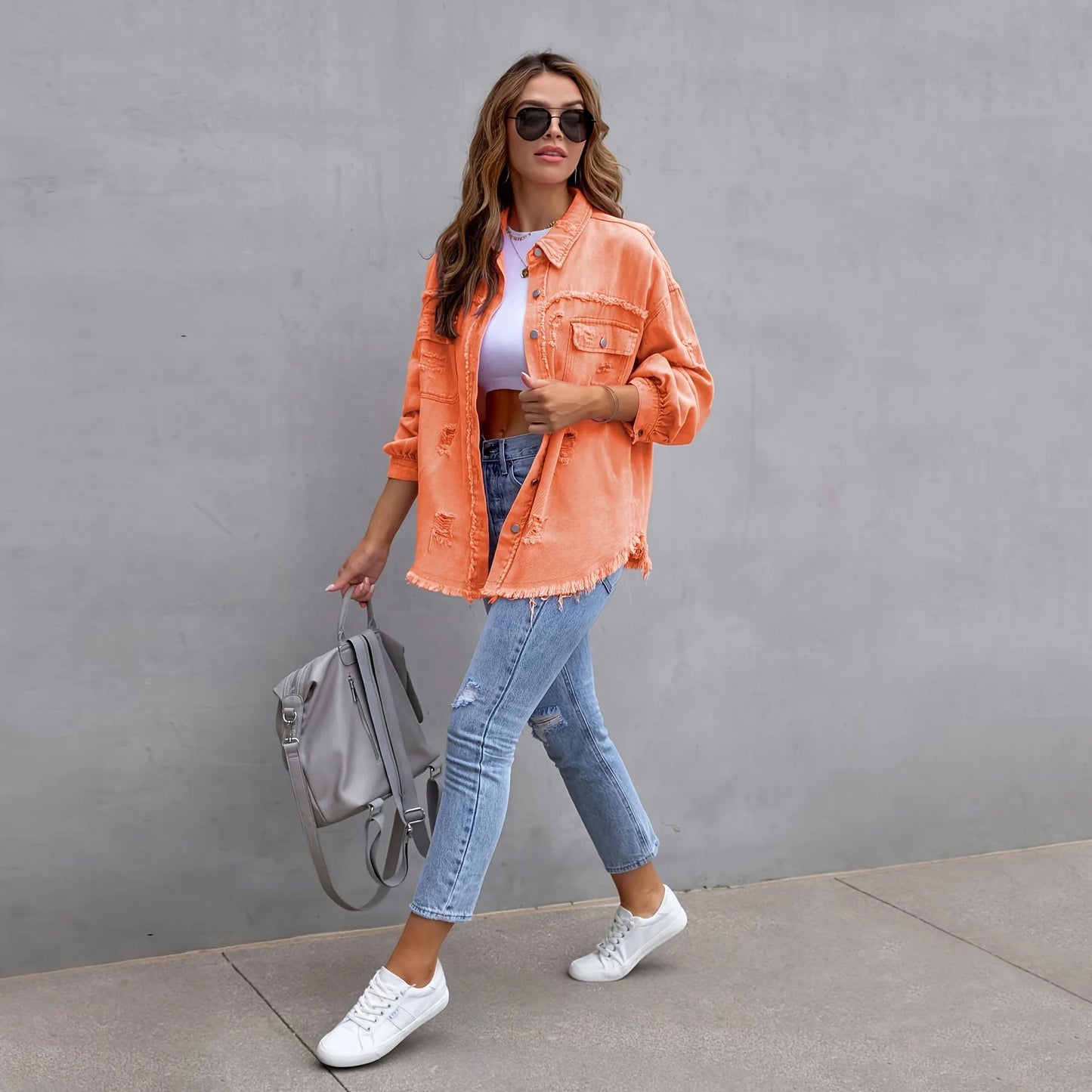Ripped Denim Shirt Jacket Long Sleeve Solid Color Loose Denim Coat