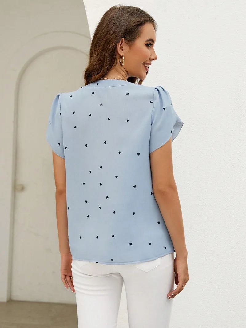 V-neck Love Print Short Sleeve High Quality Tops
