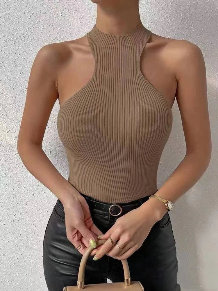 European Style Solid Knit Halter Top Hot Girl Off The Shoulder
