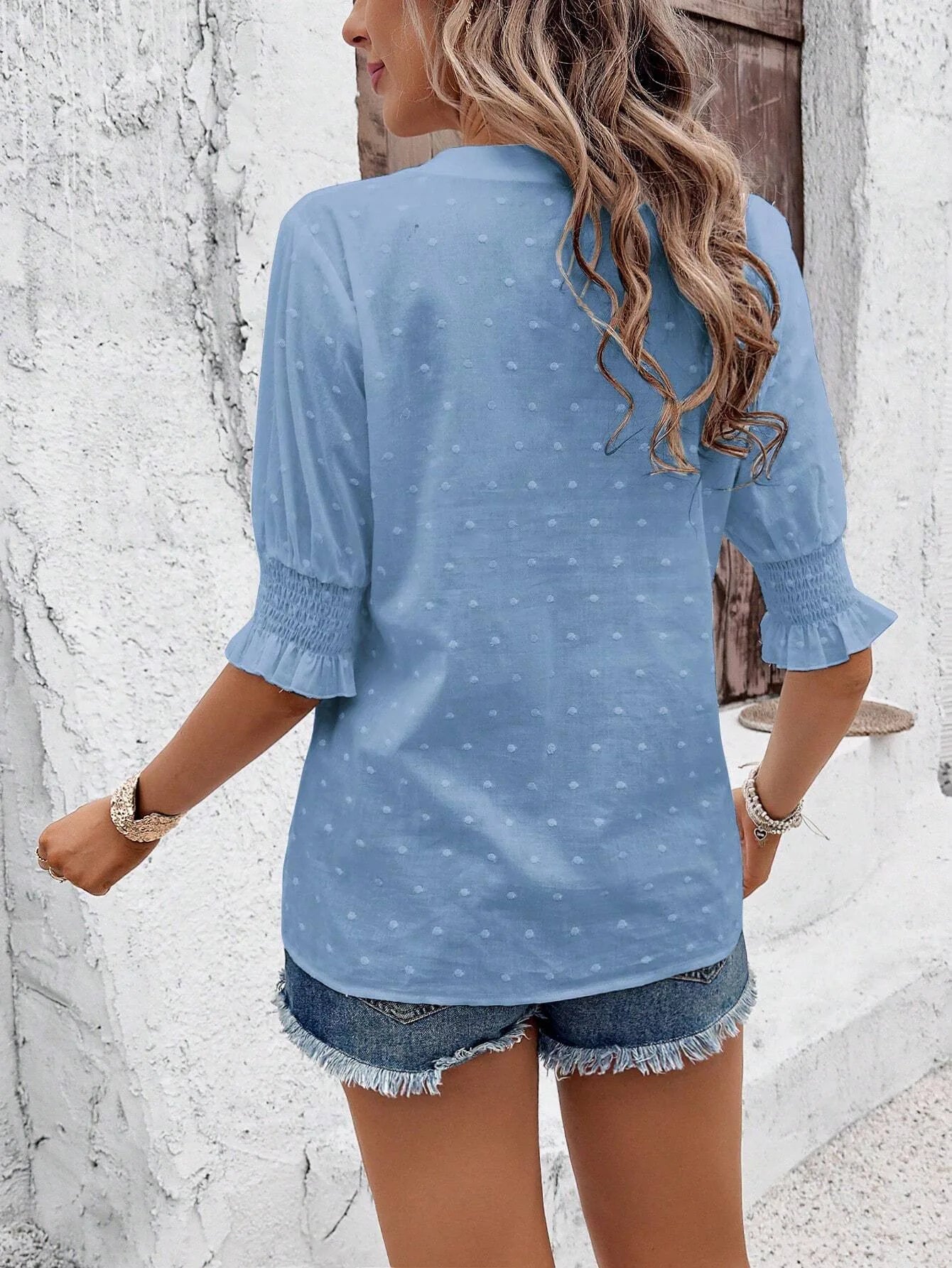 V-Neck Puff Sleeve Bluse Shirred Bust Half Sleeve