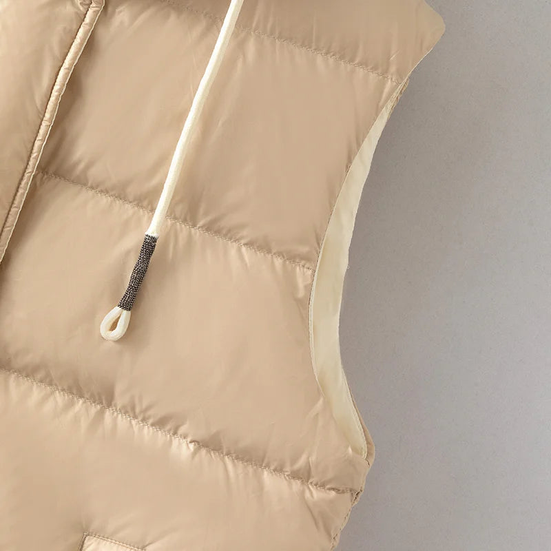 Duck Down Hooded Puffer Vest Sleeveless Zip & Button Jacket