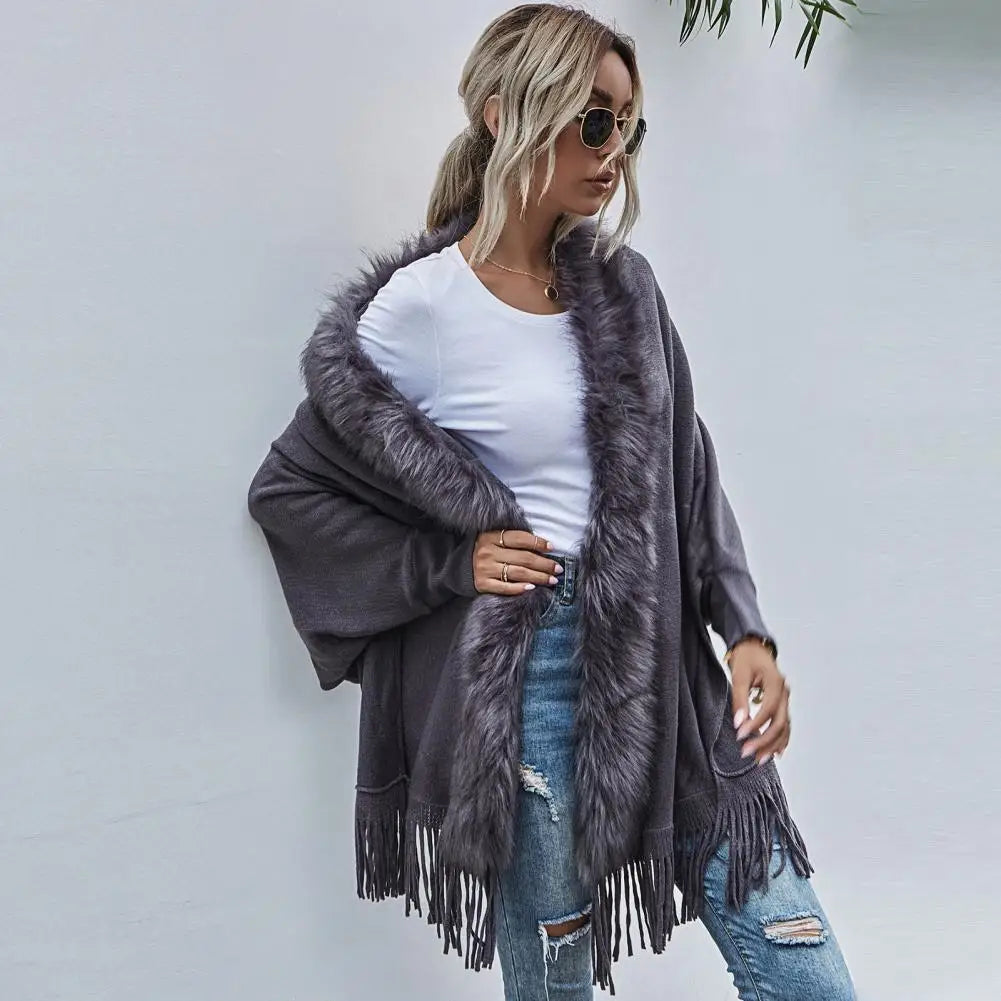 Shawl Mid-Length French Style Knit Poncho with Faux Fur Collar & Tassel Hem