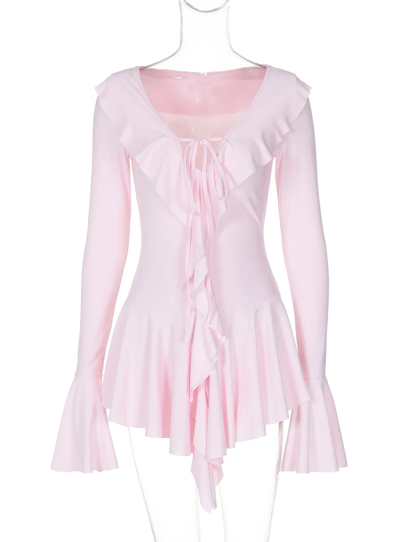 Deep V-Neck Ruffled Lace Pleated Dress