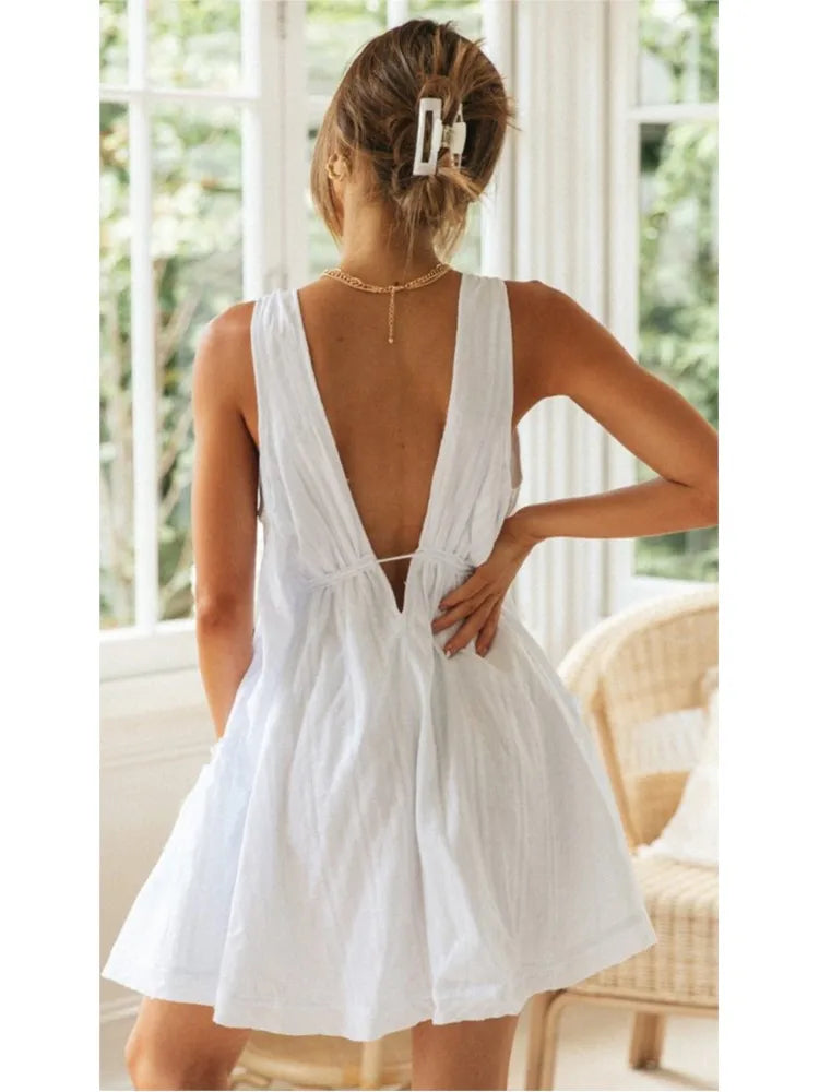 V-Neck Sleeveless Lace-Up Mini Dress
