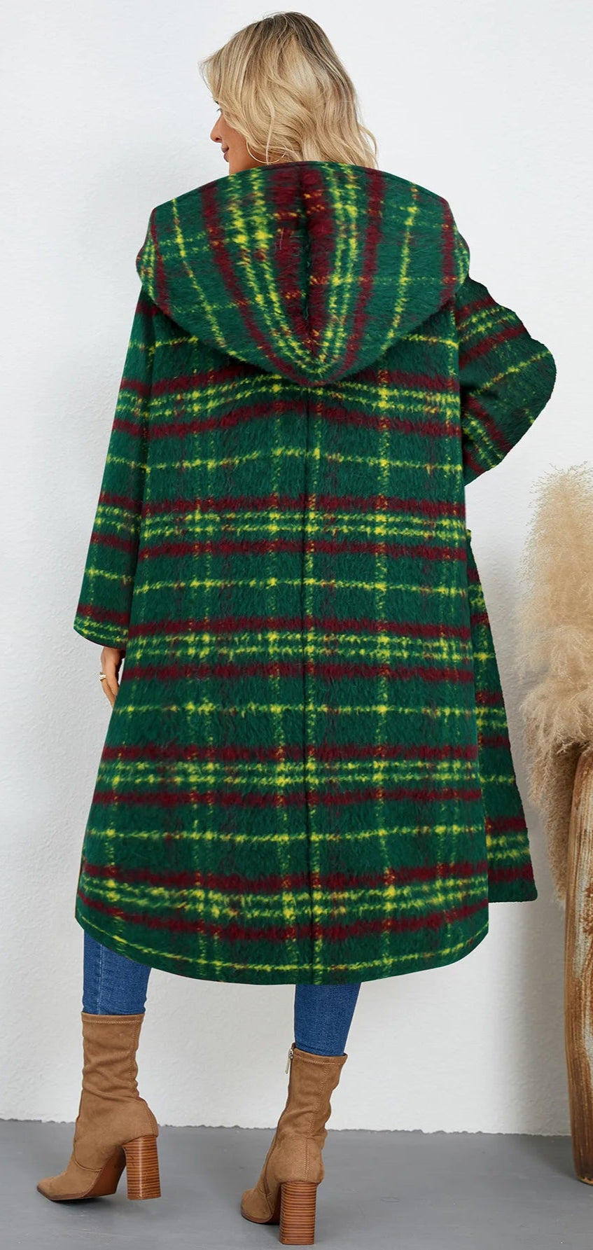 Winter Woolen Coat Plaid Long Coat with Hood