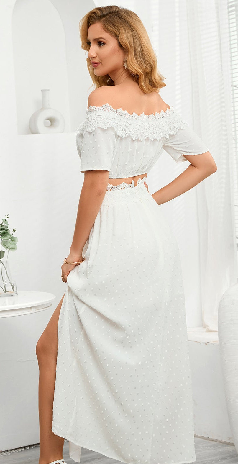 Off-Shoulder Short Sleeve Top Lace Lined Summer Blouse