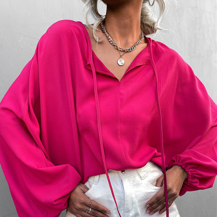 Lantern Sleeve V-Neck Loose Casual Top – Tie Front Blouse