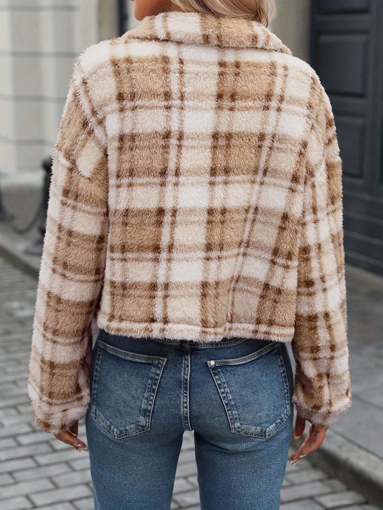 Double-Sided Plush Plaid Cardigan