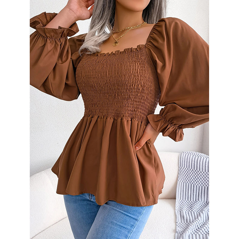 Peplum Tops Square Neck Ruffle Trim Long Sleeve Blouse Smocked Top Dressy