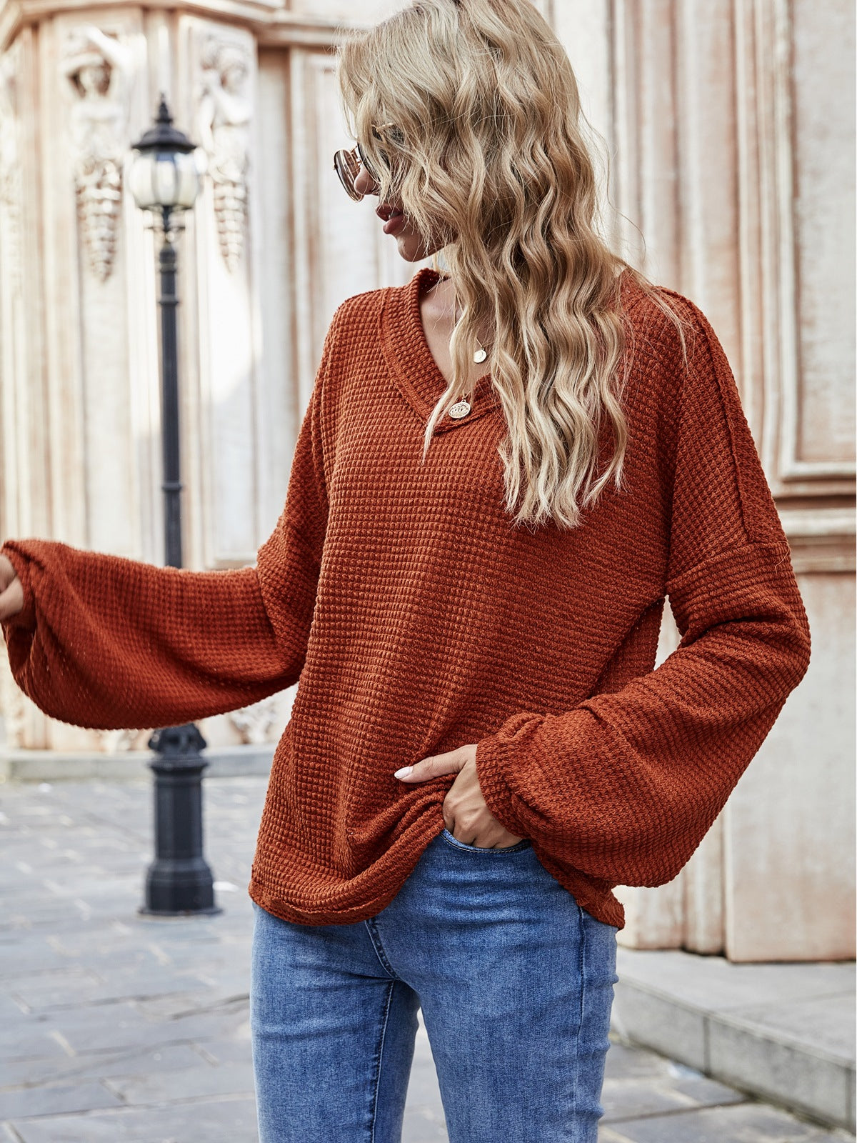 V-Neck Lantern Sleeve Shir Loose Long Sleeve Blouse