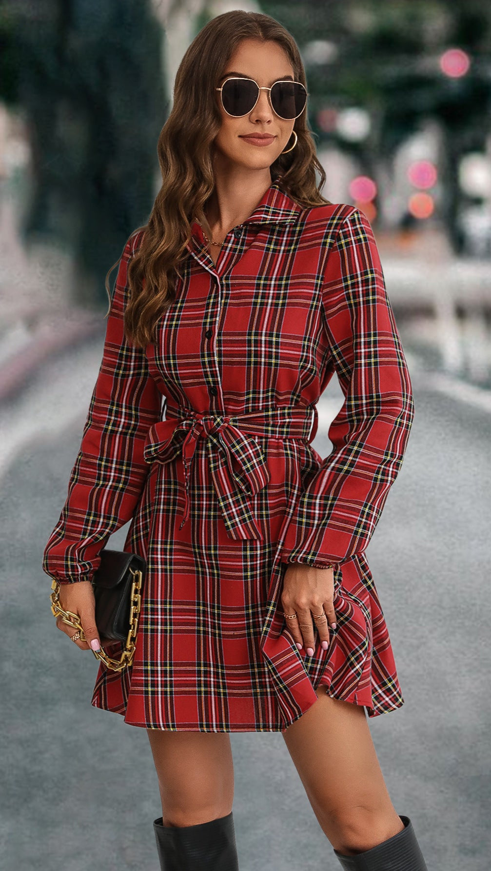Lantern Sleeve Plaid Shirt Dress Loose