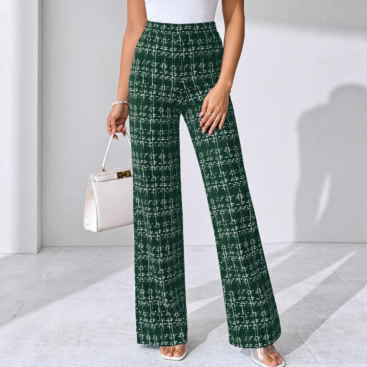 High Waist Woven Plaid Pants Straight Leg Trousers