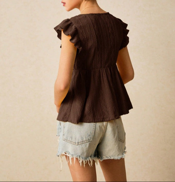 Hollowed-Out V-Neck Lace Top Ruffled Short Sleeve