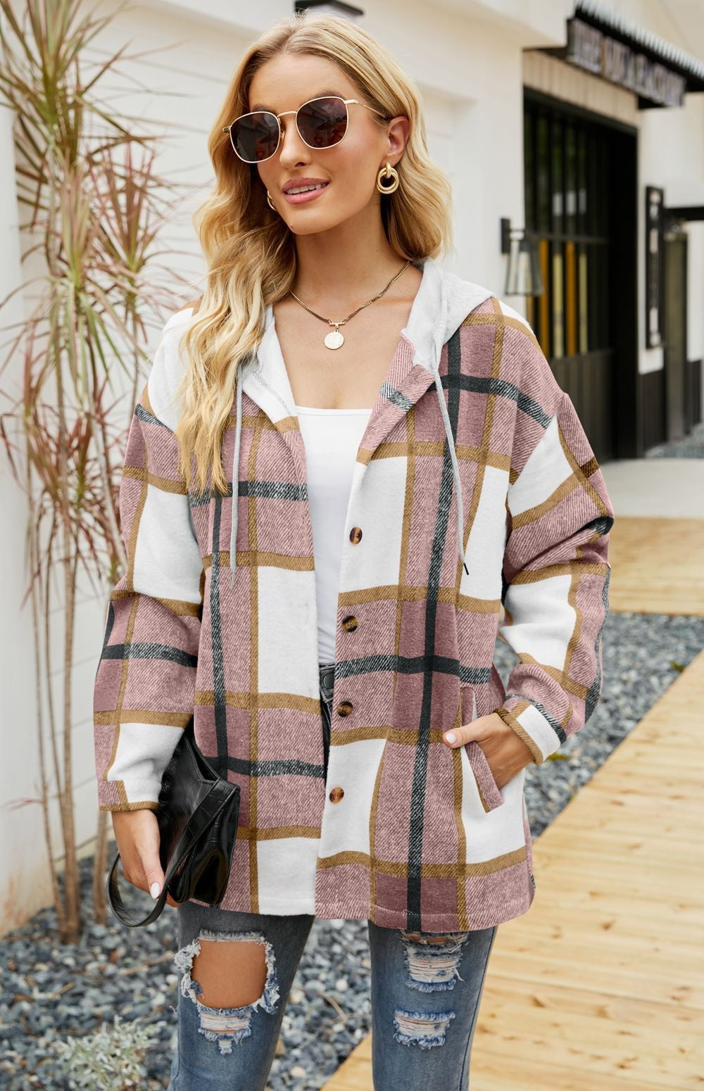 Plaid Hooded Coat Casual Loose Shirt Jacket