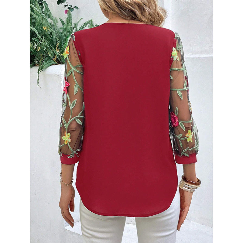 Floral Embroidered Sheer Mesh Puff Sleeve Top Boho Crew Neck