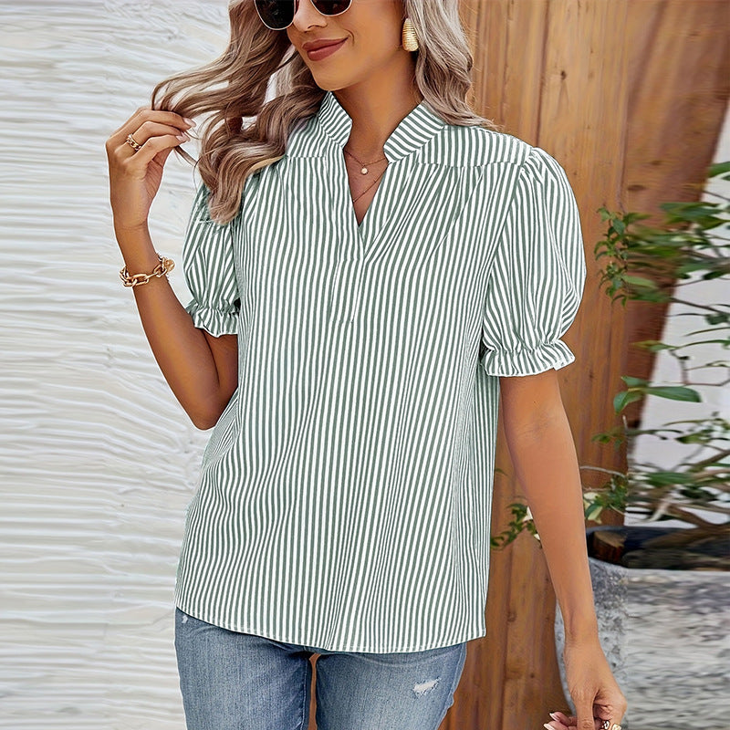 Striped Shirt Lantern Short Sleeve Pullover Top