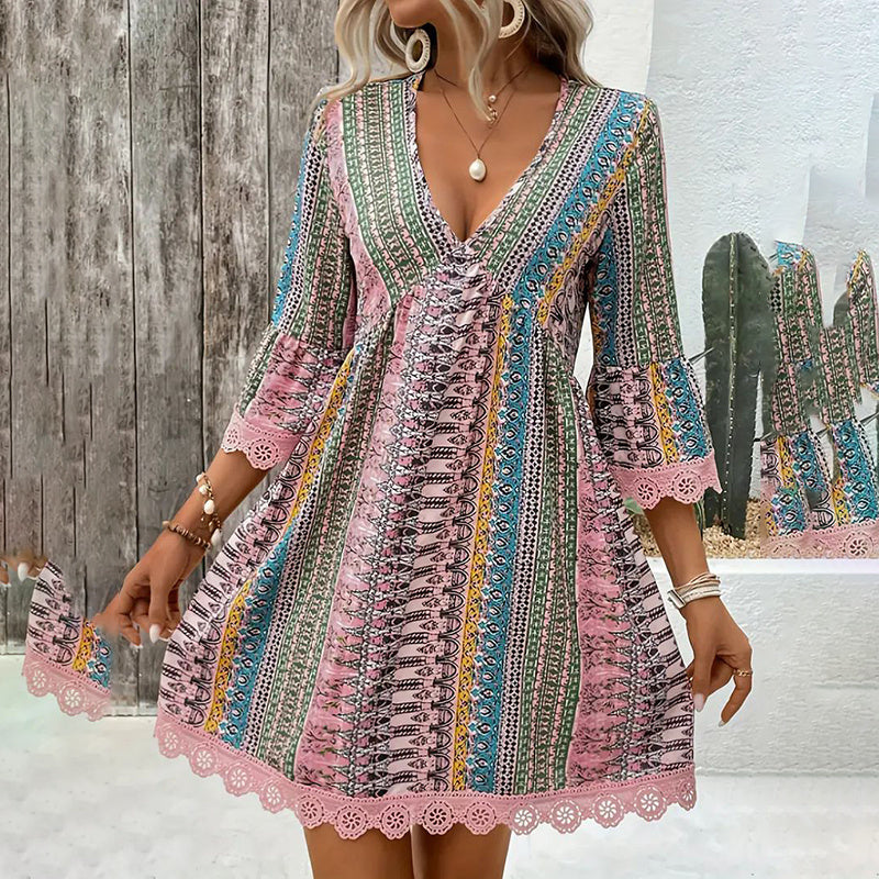 V-Neck Printed Summer Dress Lace Trim Boho Chic Sundress