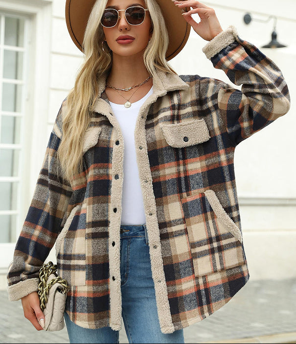 Plaid Velvet Jacket Polo Collar