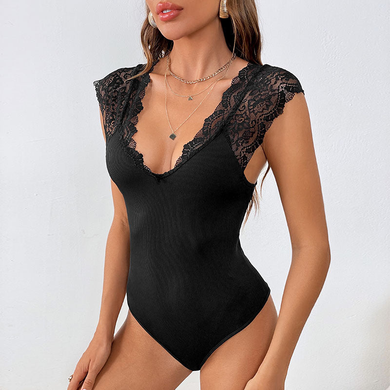 Slim Lace Stitching Bodysuit Large V-Neck Elegant