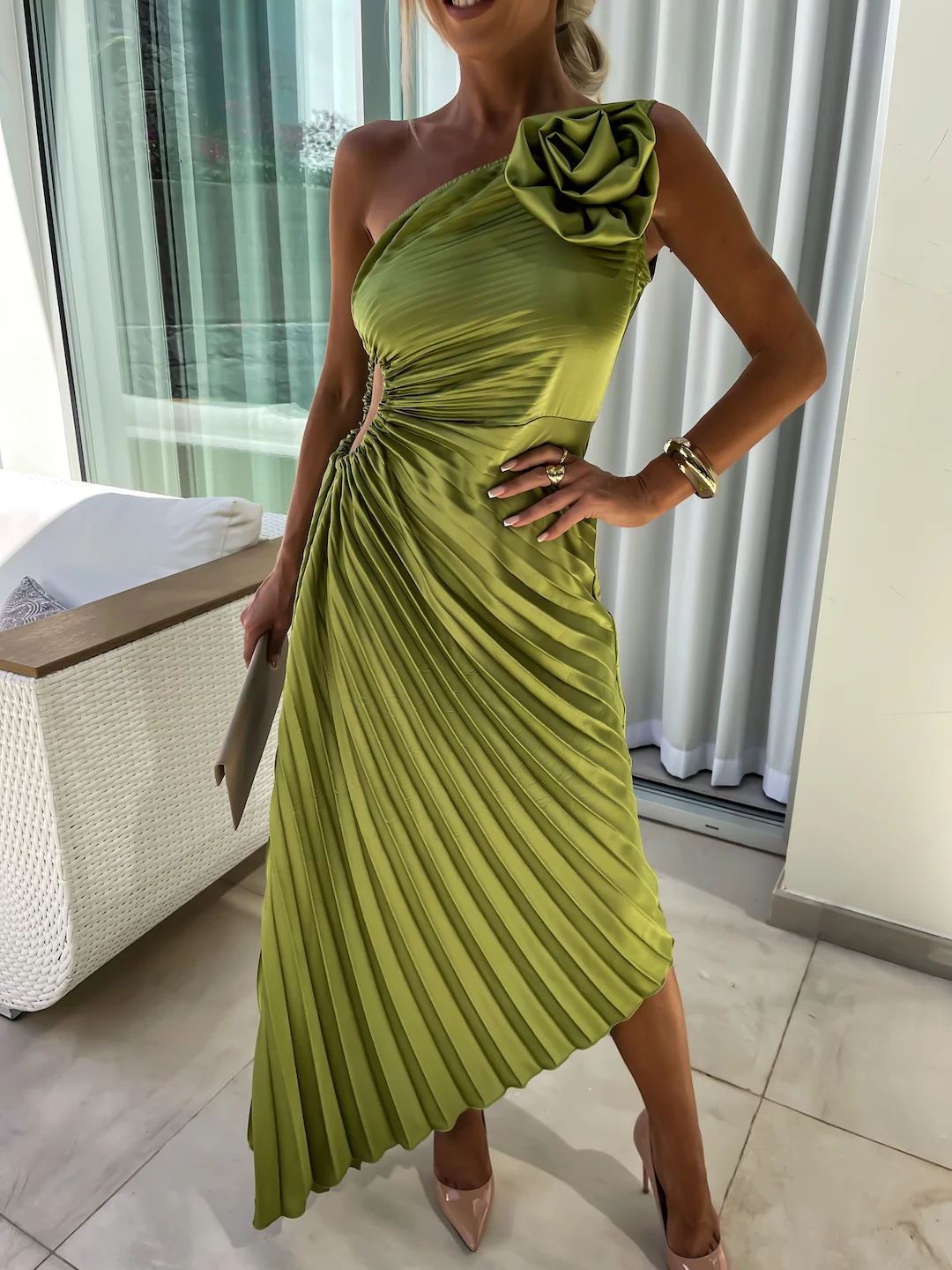 Pleated One-Shoulder Dress with Rose Flower Asymmetrical