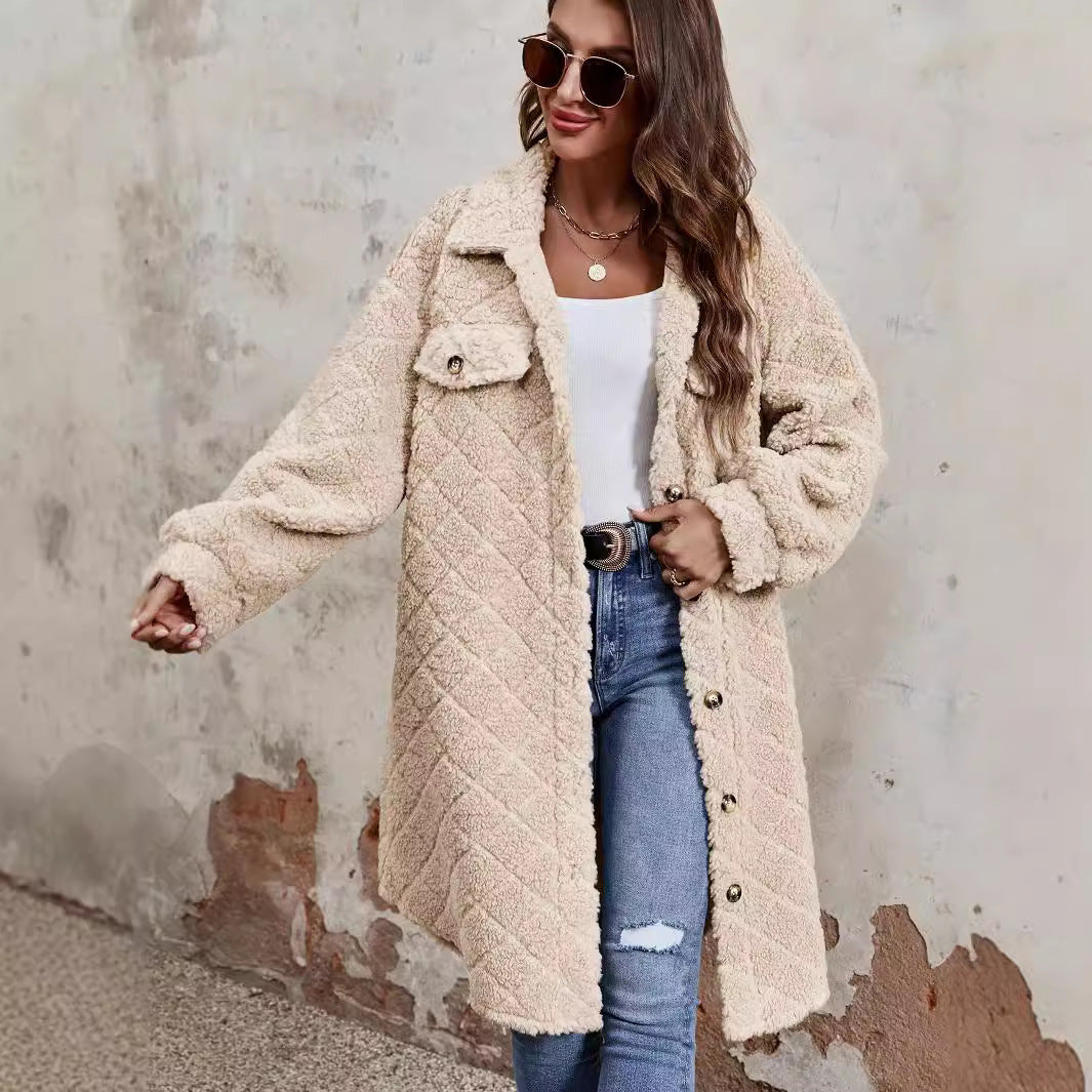 Plush Warm Coat Pocket Lapel Collar Long Sleeve Outerwear