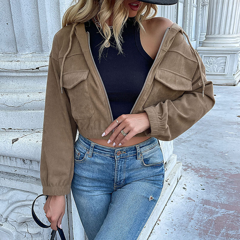 Autumn & Winter Solid Color Hooded Corduroy Jacket