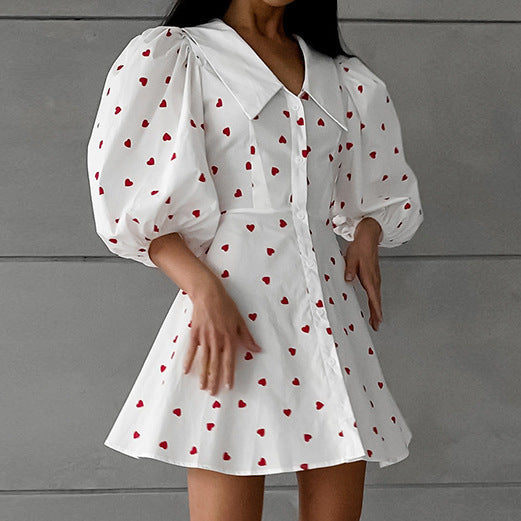 Cotton And Linen Puff Sleeve High Waist Heart Printing Dress