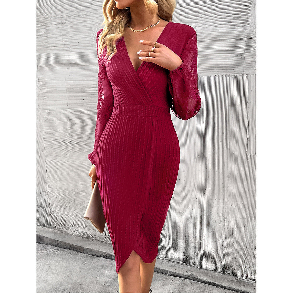 V-Neck Lace & Knitted Long-Sleeve Dress