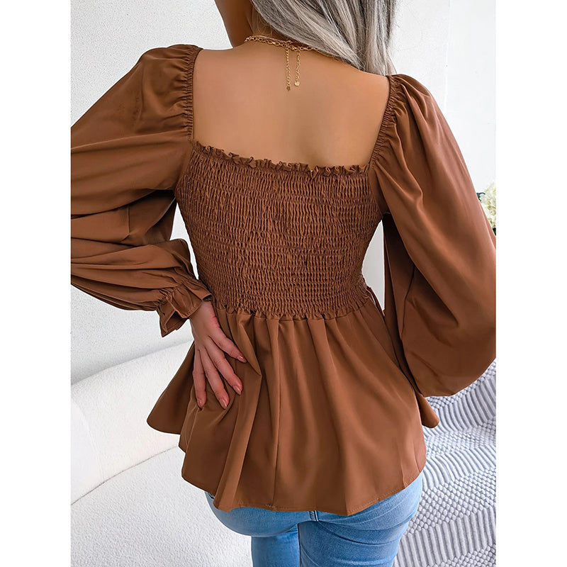 Peplum Tops Square Neck Ruffle Trim Long Sleeve Blouse Smocked Top Dressy