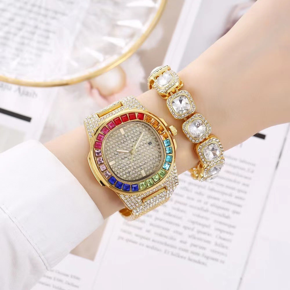 Square Quartz Watch Full Diamond Inlaid Color Stones with Steel Belt Box