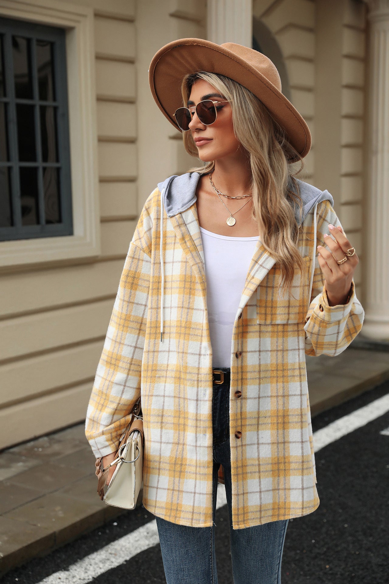 Hooded Multi-button Plaid Long Sleeve Loose Woolen Coat