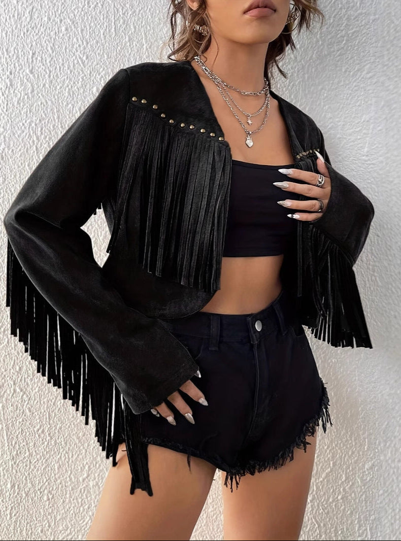 Solid Color Short Jacket Open Front with Tassel & Rivet Design