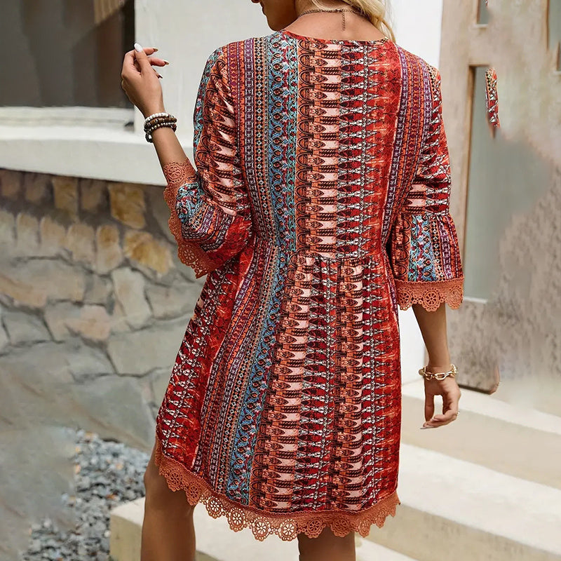 V-Neck Printed Summer Dress Lace Trim Boho Chic Sundress