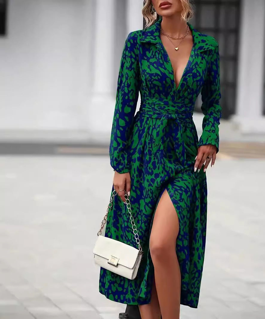 Button-Front Long Sleeve Dress Waist-Defined