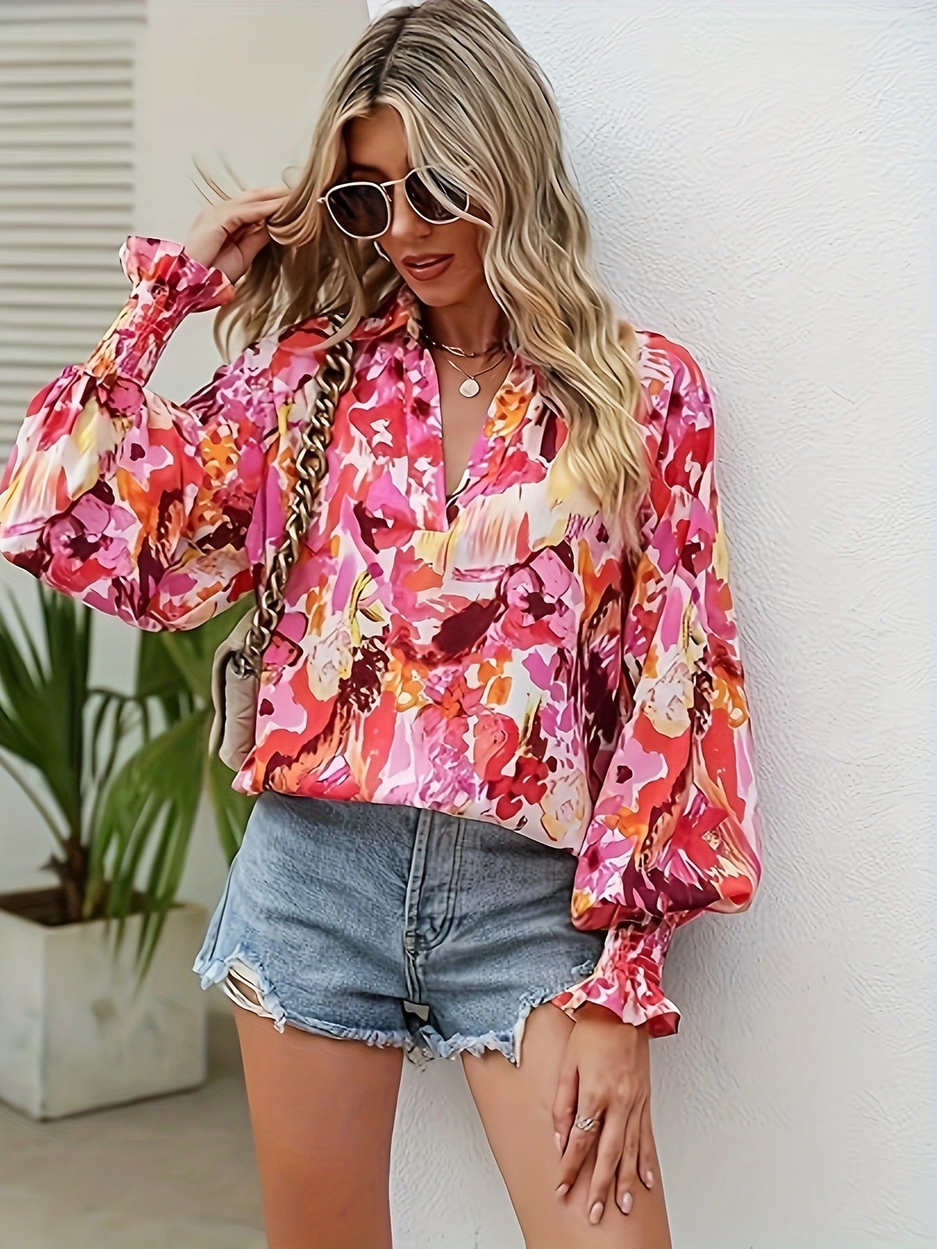V-Neck Printed Top Lantern Sleeve Long Sleeve Shirt Blouse