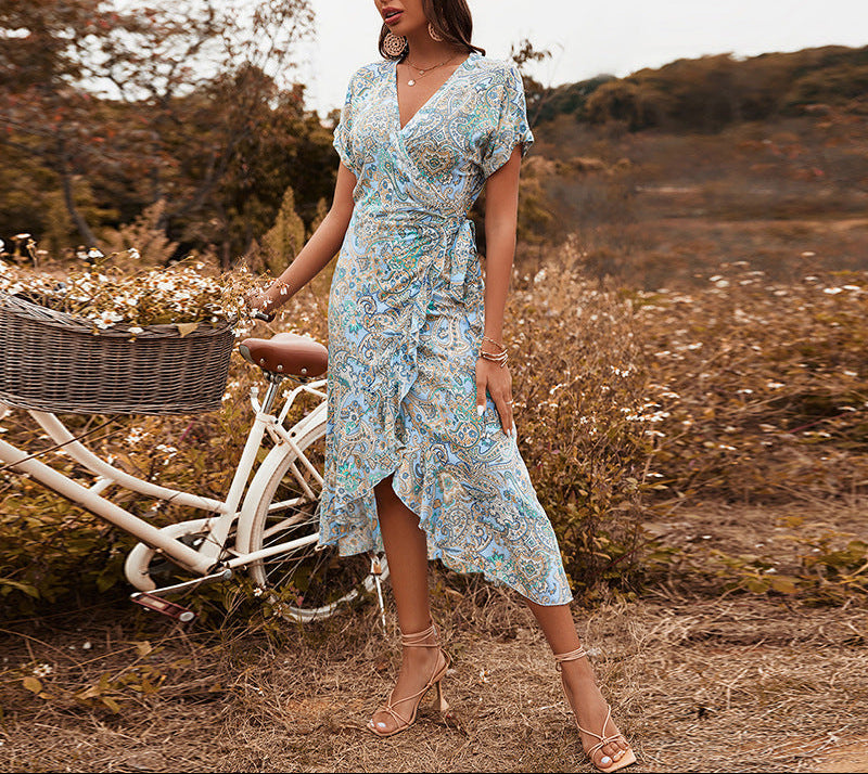 V Neck Tie Slim Short Sleeve High Waist Print Ladies Dress