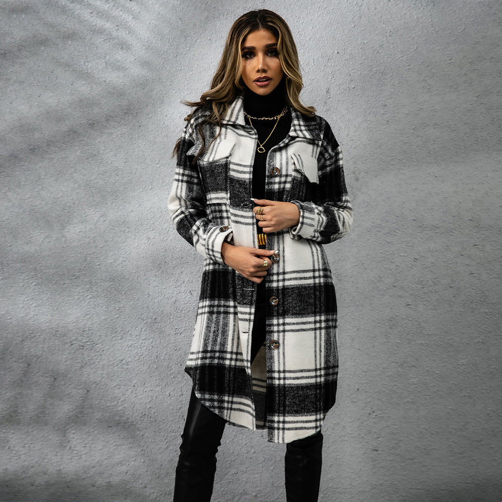 Plaid Wool Coat Single Row Button Long Winter Jacket