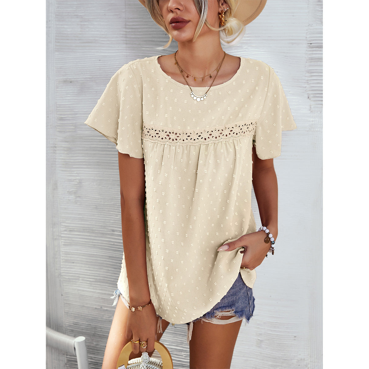 Short Sleeve Summer Top Blouse Solid Color Lace