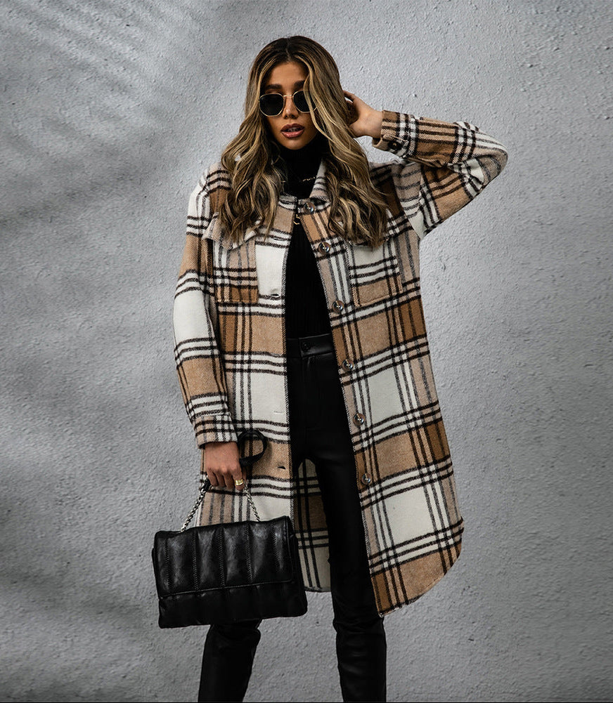 Plaid Wool Coat Single Row Button Long Winter Jacket