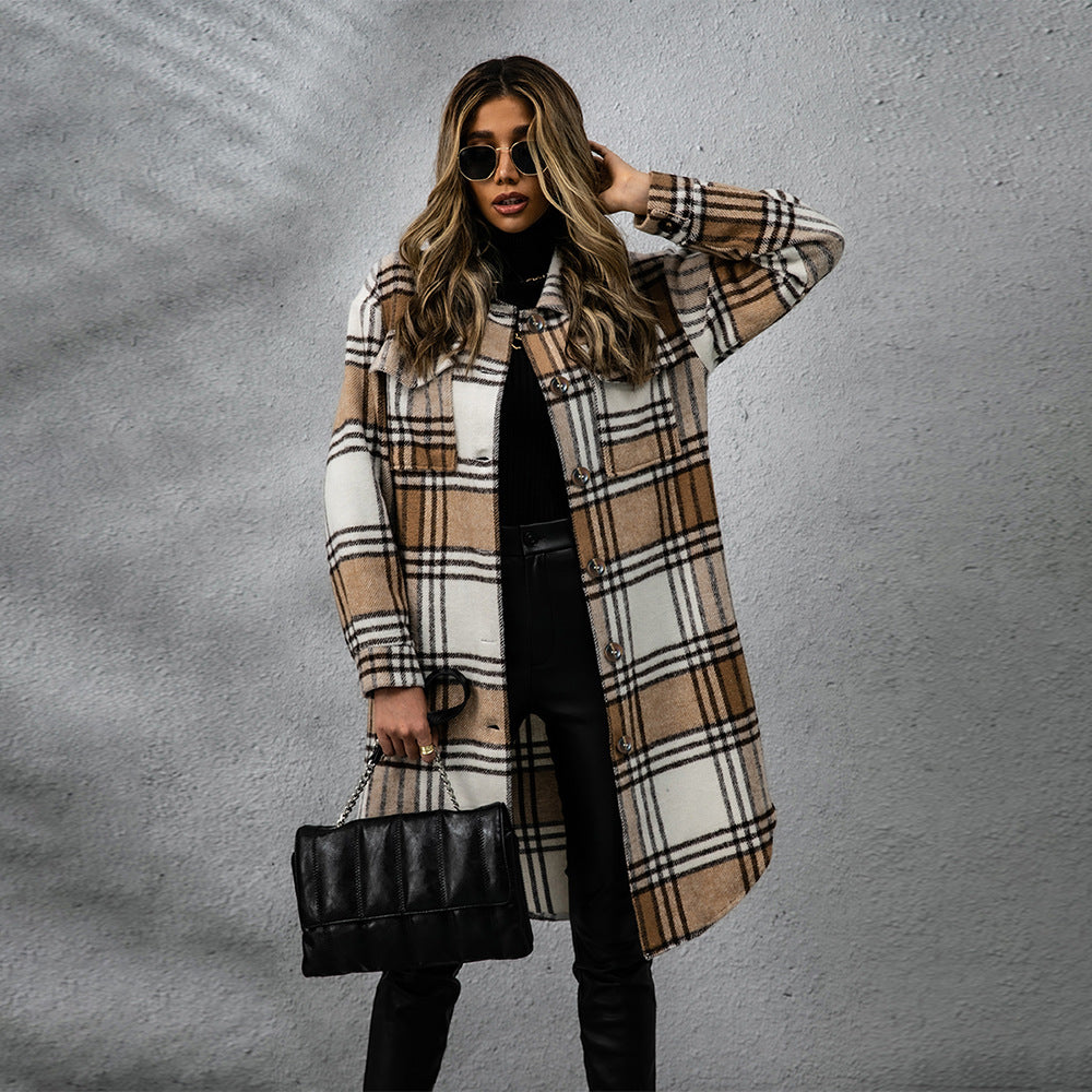 Plaid Wool Coat Single Row Button Long Winter Jacket