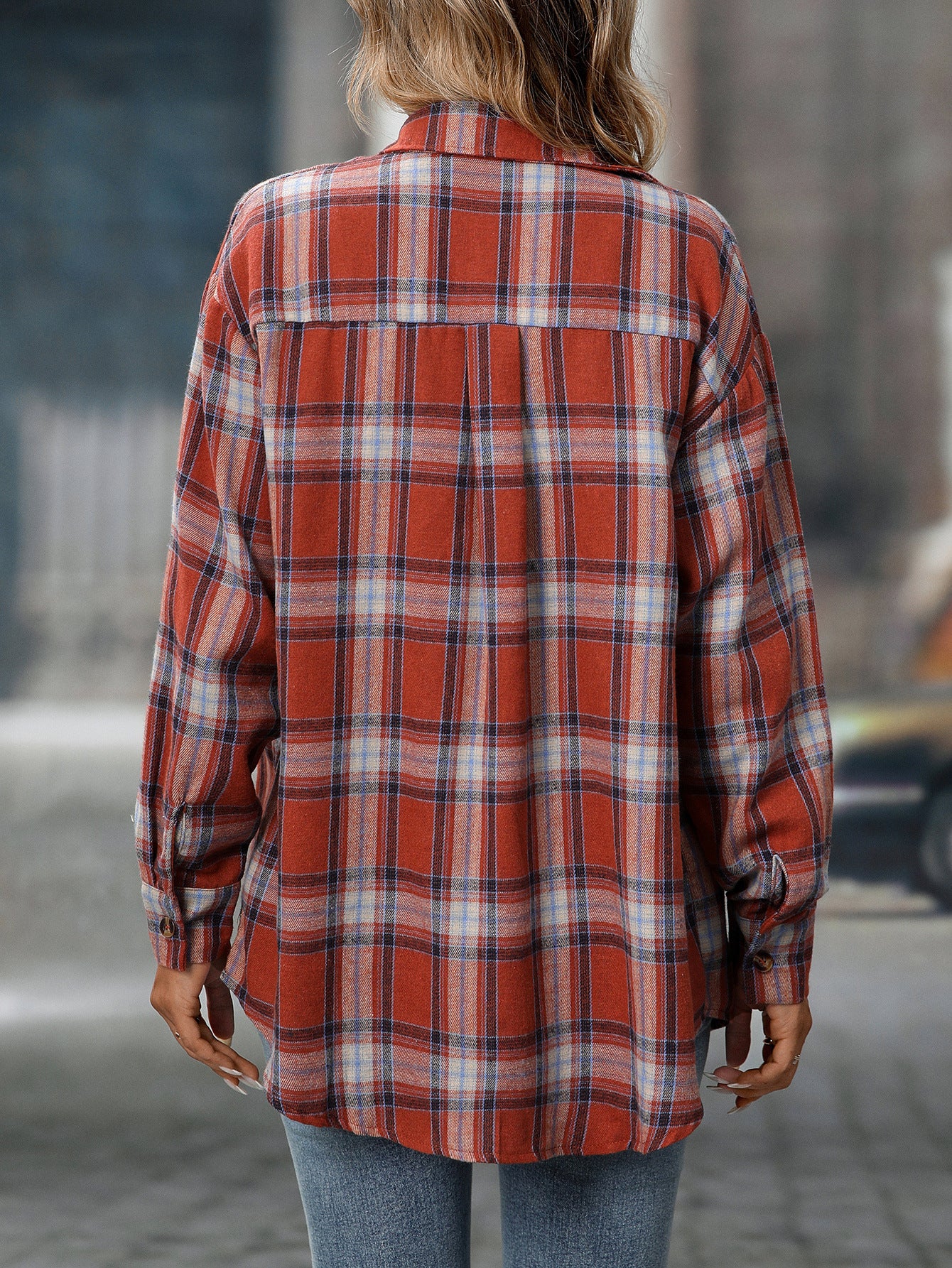 Loose Plaid Shirt Pocket Button
