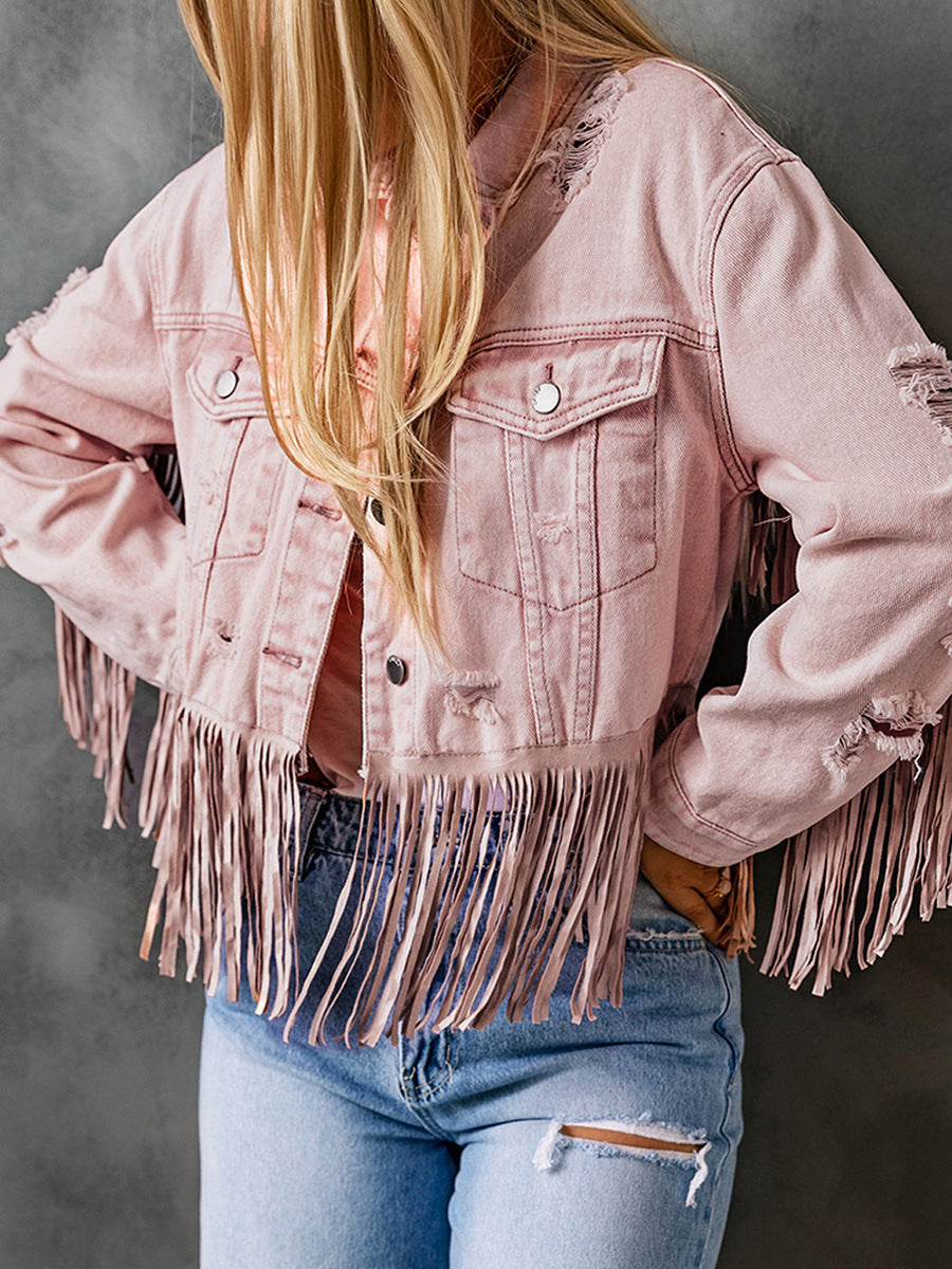 Stand-Up Collar Denim Solid Color with Tassel Stitching