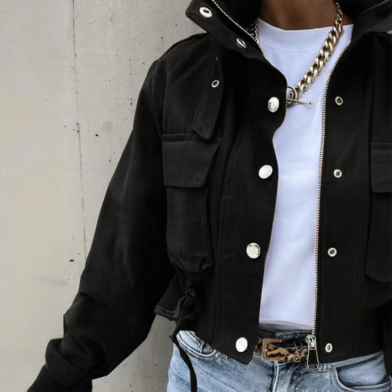 Stand Collar Long Sleeve Jacket Button & Zipper Short Coat with Pockets